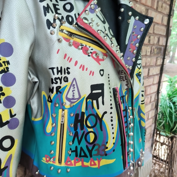 Robert Phillipe Graphic Cropped Jacket Faux Leather Biker Rocker Studded XL - Picture 2 of 13